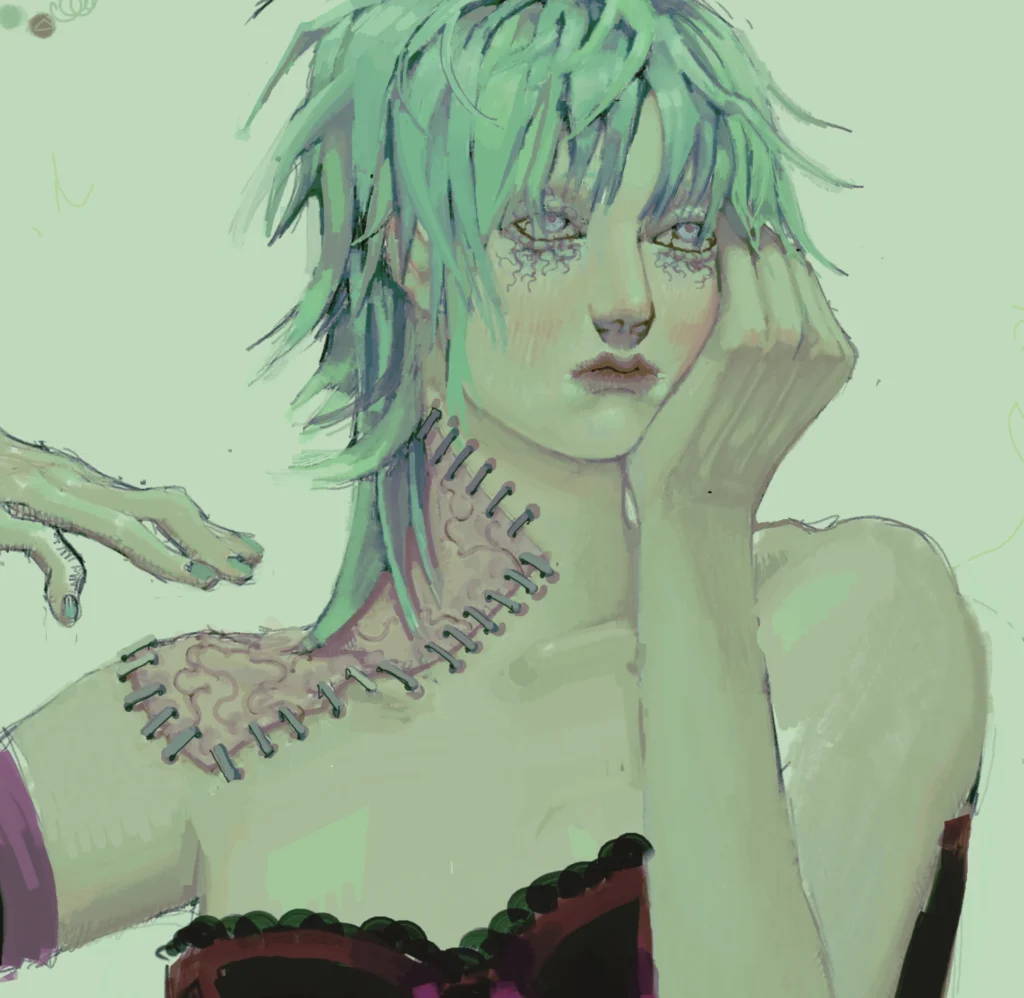 Girl with teal hair and sickly green skin, looking to the left with a vacant expression.