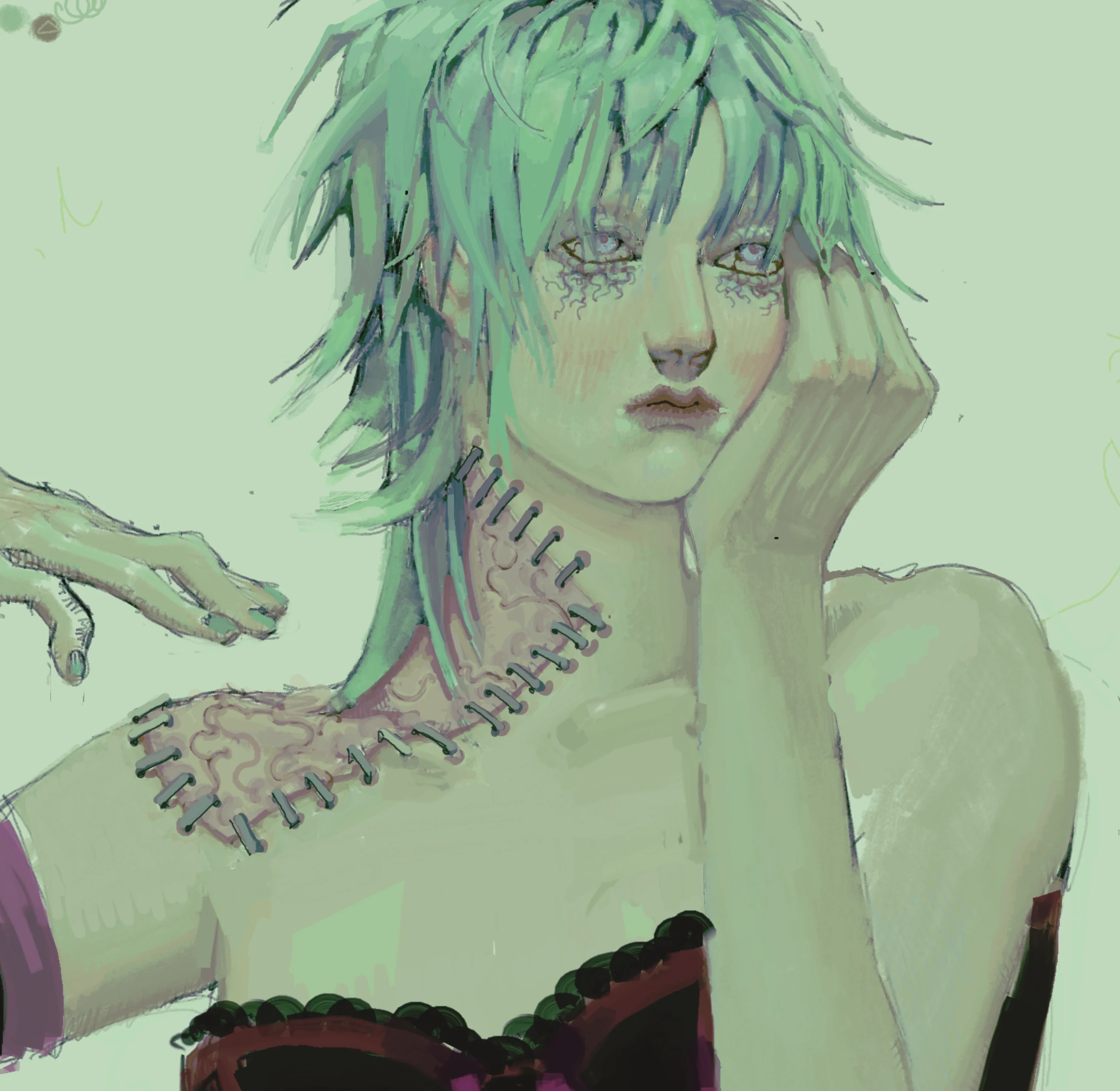 Girl with teal hair and sickly green skin, looking to the left with a vacant expression.