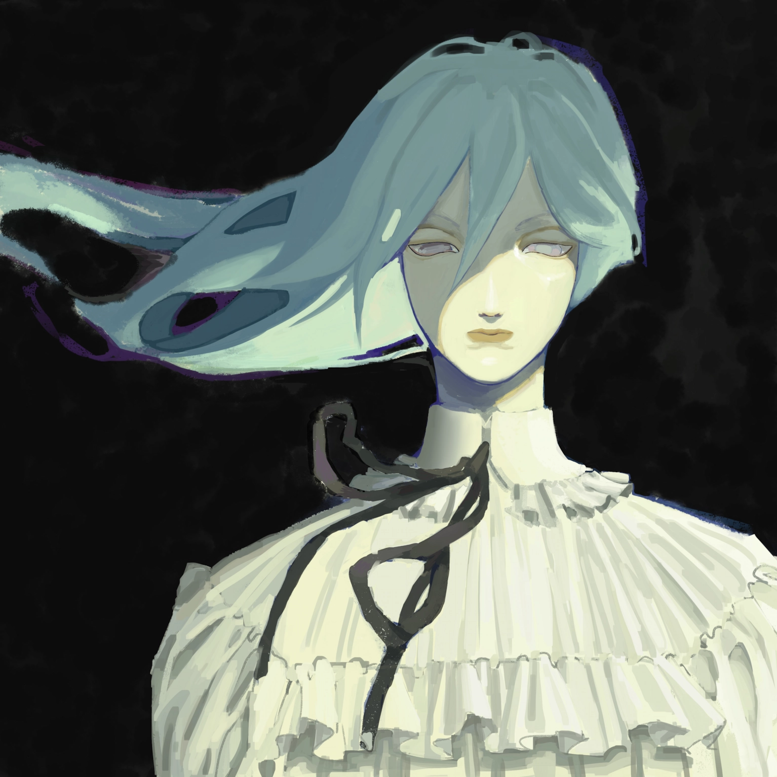 Wind blows as a woman with cerulean-colored hair looks down.