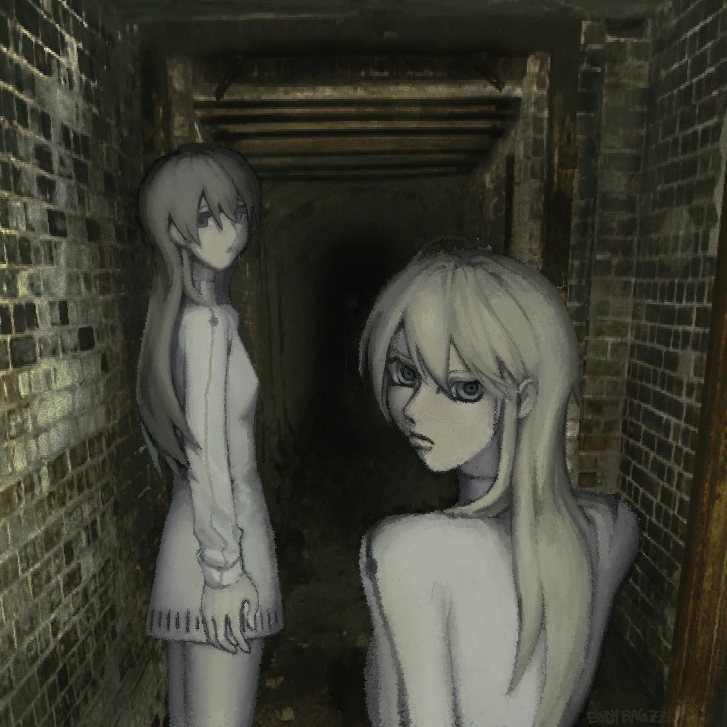 Dirty bricks and dimly lit, two women walk in front of you, looking back to see if you're still following...